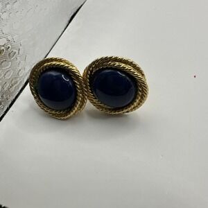 VTG Napier Blue Hard Resin Cabochon‎ Earrings Gold Tone Clip On
